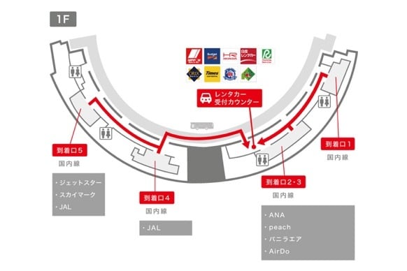 新千歳空港 1F レンタカー受付カウンターの案内図